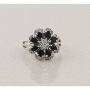 Sterling Silver Blue Cubic Zirconia and Natural Diamond Flower Ring Size 9 1/2